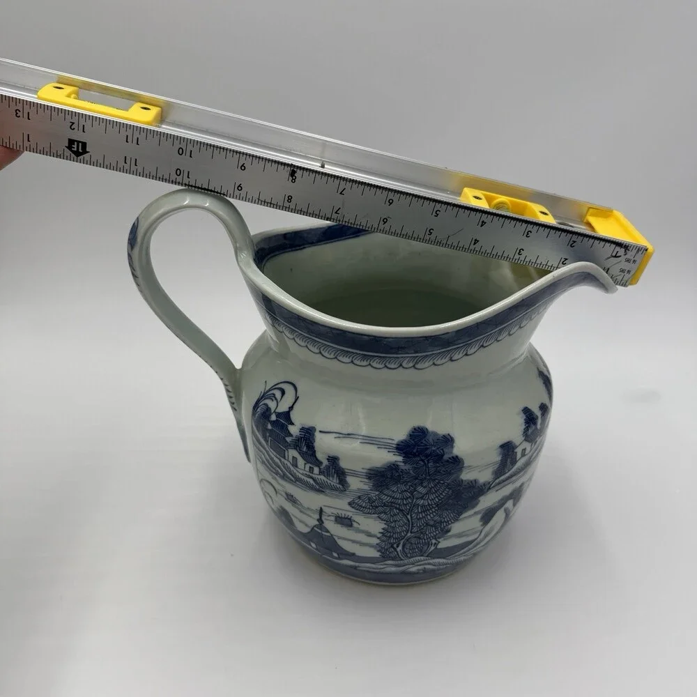 Antique Chinese Blue & White Canton Export Porcelain Large Pitcher 9”H x12” L